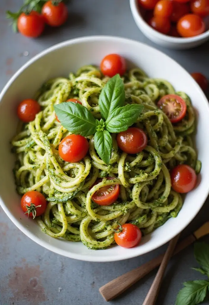 25 Healthy Low Carb High Protein Vegetarian Breakfast Ideas 14 25 Healthy Low Carb High Protein Vegetarian Breakfast Ideas - 14. Zucchini Noodles with Pesto and Cherry Tomatoes