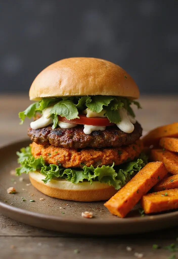 25 Quick and Easy Vegetarian Recipes Ready in No Time - 11. Veggie Burger with Sweet Potato Fries