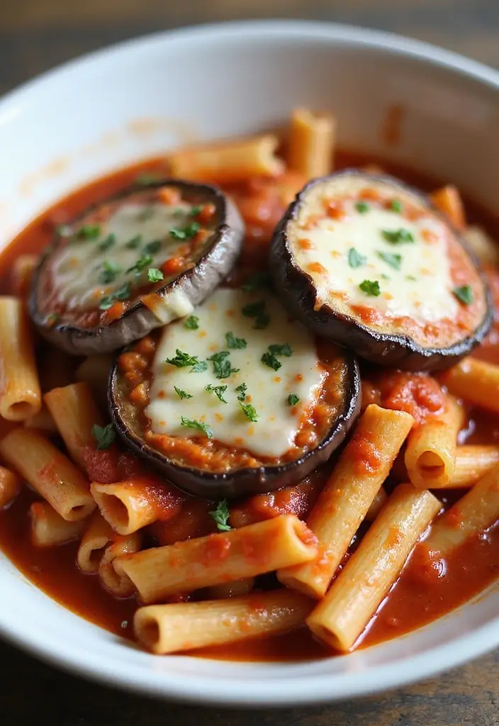 27 One Pot Pasta Vegetarian Recipes for Busy Nights - 23. One Pot Eggplant Parmesan Pasta
