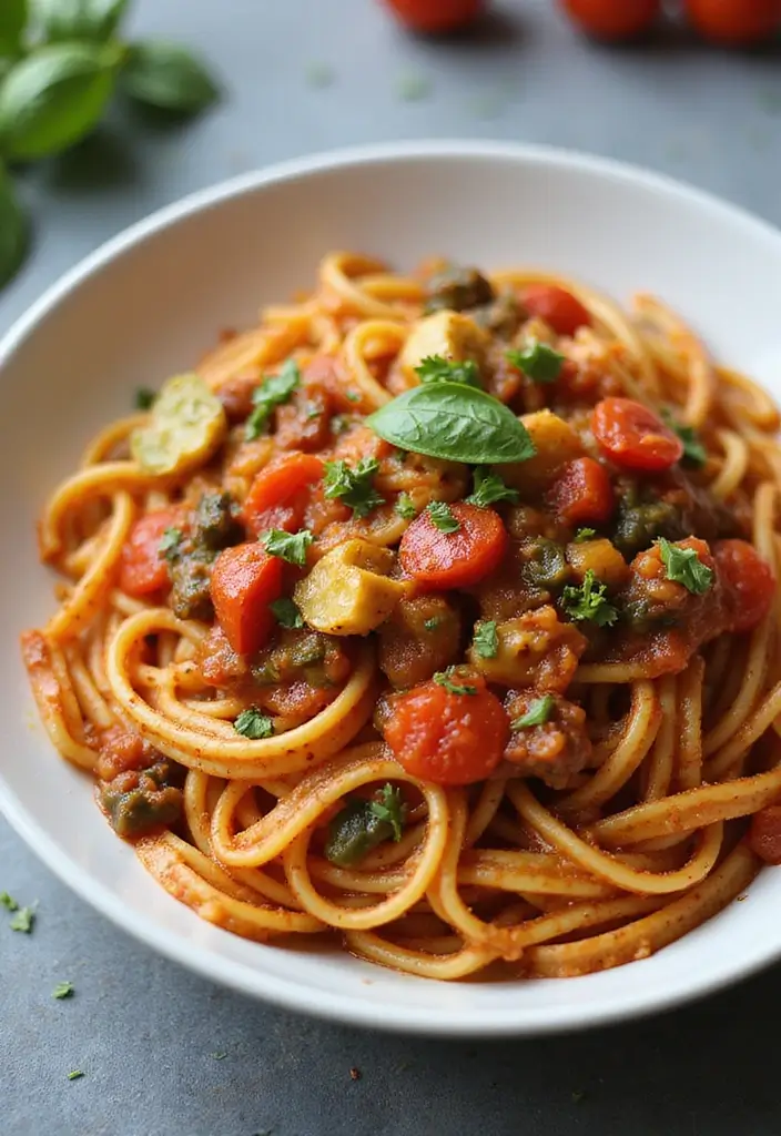 27 One Pot Pasta Vegetarian Recipes for Busy Nights - 24. One Pot Vegetable Bolognese Pasta