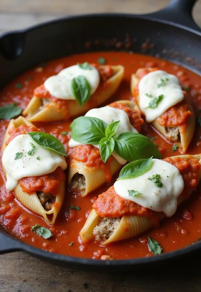 27 One Pot Pasta Vegetarian Recipes for Busy Nights - 4. Spinach and Ricotta Stuffed Shells Skillet