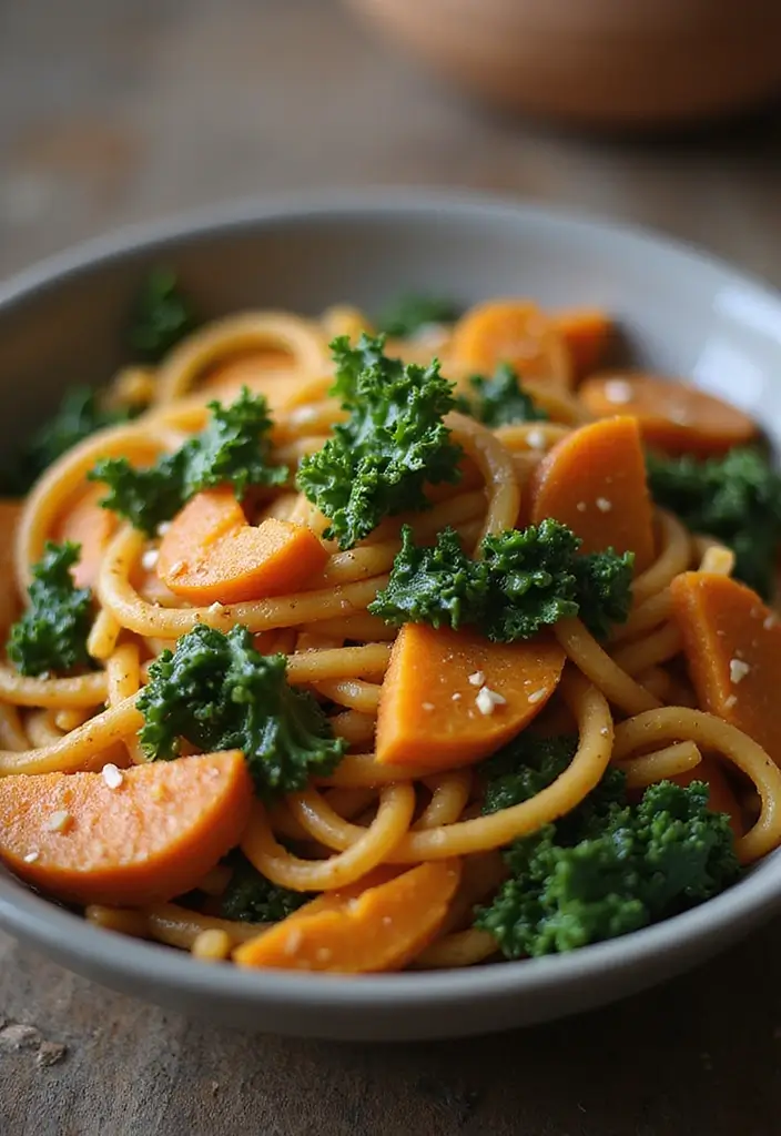 27 One Pot Pasta Vegetarian Recipes for Busy Nights - 9. Sweet Potato and Kale Pasta