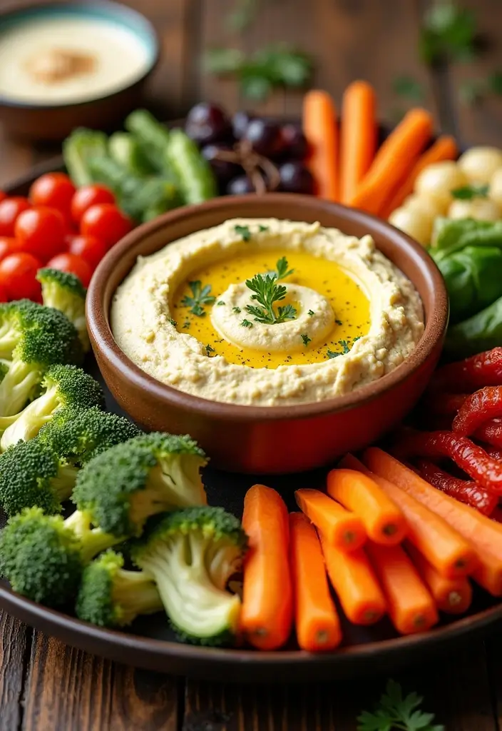 27 Vegetarian Dinner Party Recipes That Impress Guests 2 27 Vegetarian Dinner Party Recipes That Impress Guests - 2. Roasted Vegetable Platter with Garlic Hummus