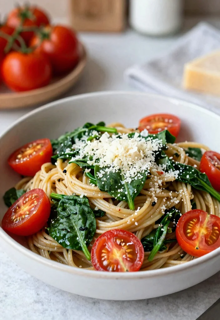 10 Fertility Friendly Dinner Recipes with Nourishing Ingredients - 10. Whole Wheat Spinach Pasta with Cherry Tomatoes 1