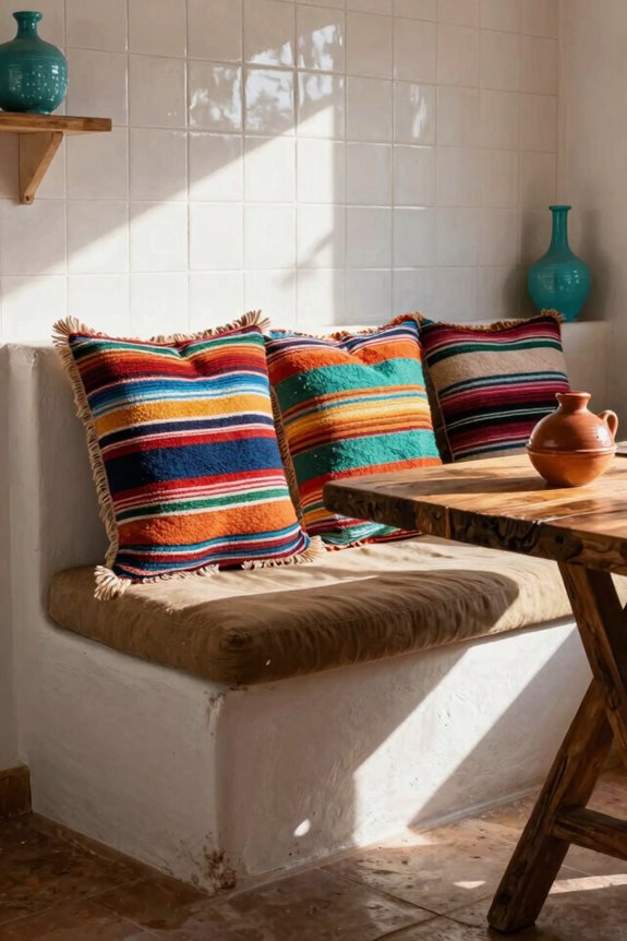 built in banquettes with woven textiles