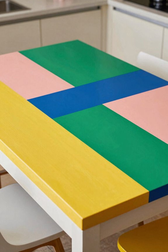 10 Painted Kitchen Table Ideas to Transform Your Space 5 geometric color blocked tabletop centerpiece