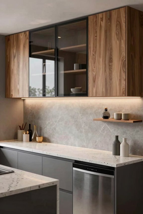 glass fronted upper cabinets reveal reflect and require styling