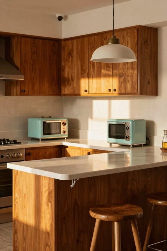 warm wood vintage lighting curved teak island